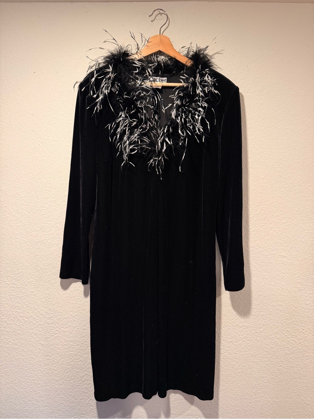 CASHET Vintage Black Velvet Duster with Ostrich Feather Trim Collar